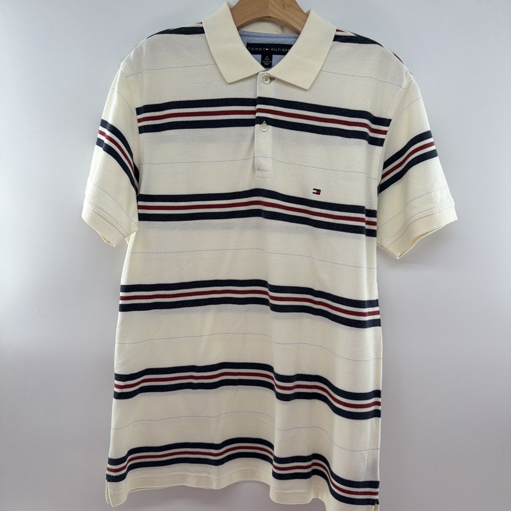 Tommy Hilfiger Striped Polo Shirt Short Sleeve Collared Cotton Men's Medium Y2K